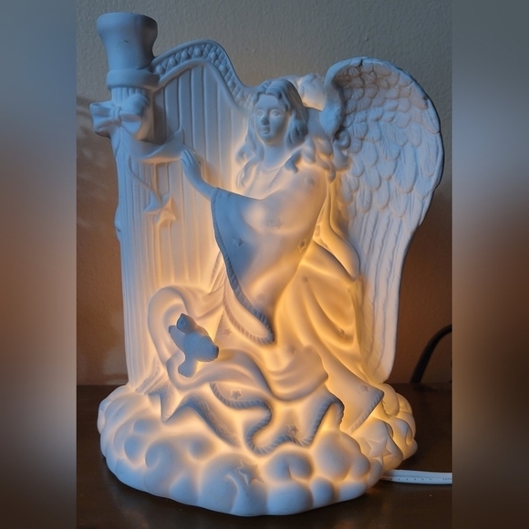 Unbranded Other - White Porcelain Angel Nightlight, Accent Lamp ~ W/ Harp, Bird EUC‎